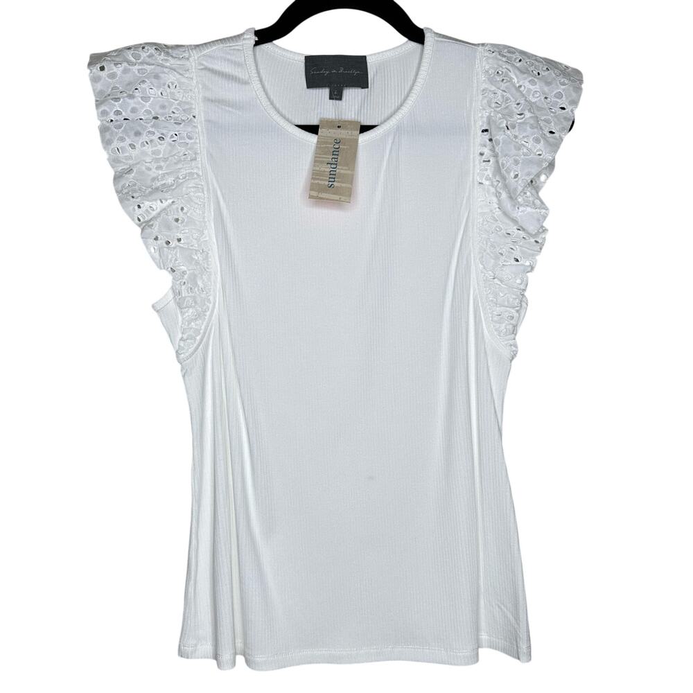 Sundance Catalog Firtha Ribbed Ruffle Top White Eyelet Flutter Sleeve Large NWT